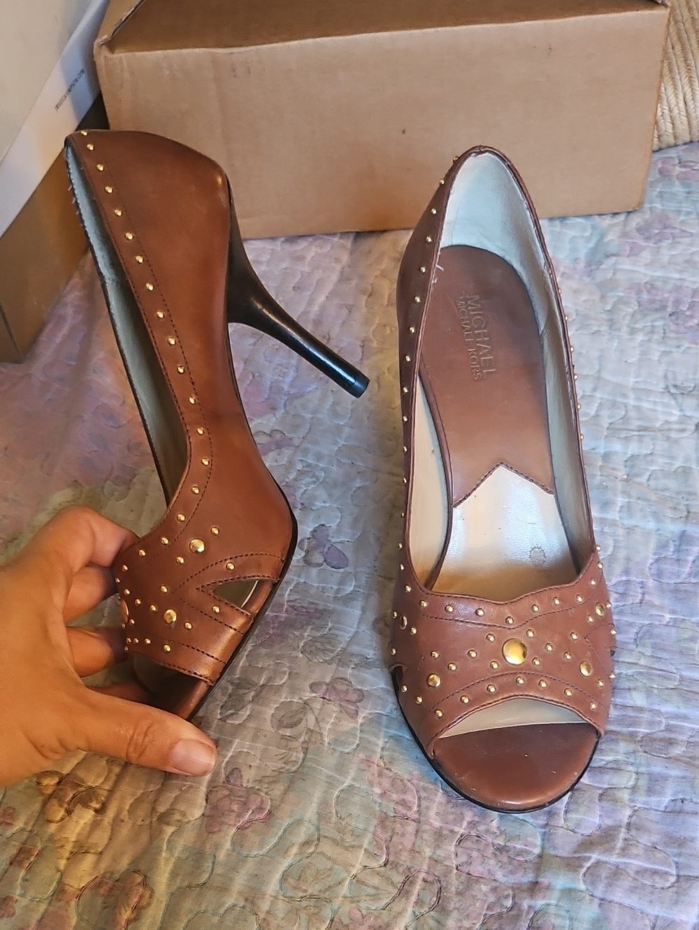 MICHAEL Michael Kors Brown Leather Studded Peep-Toe Heels